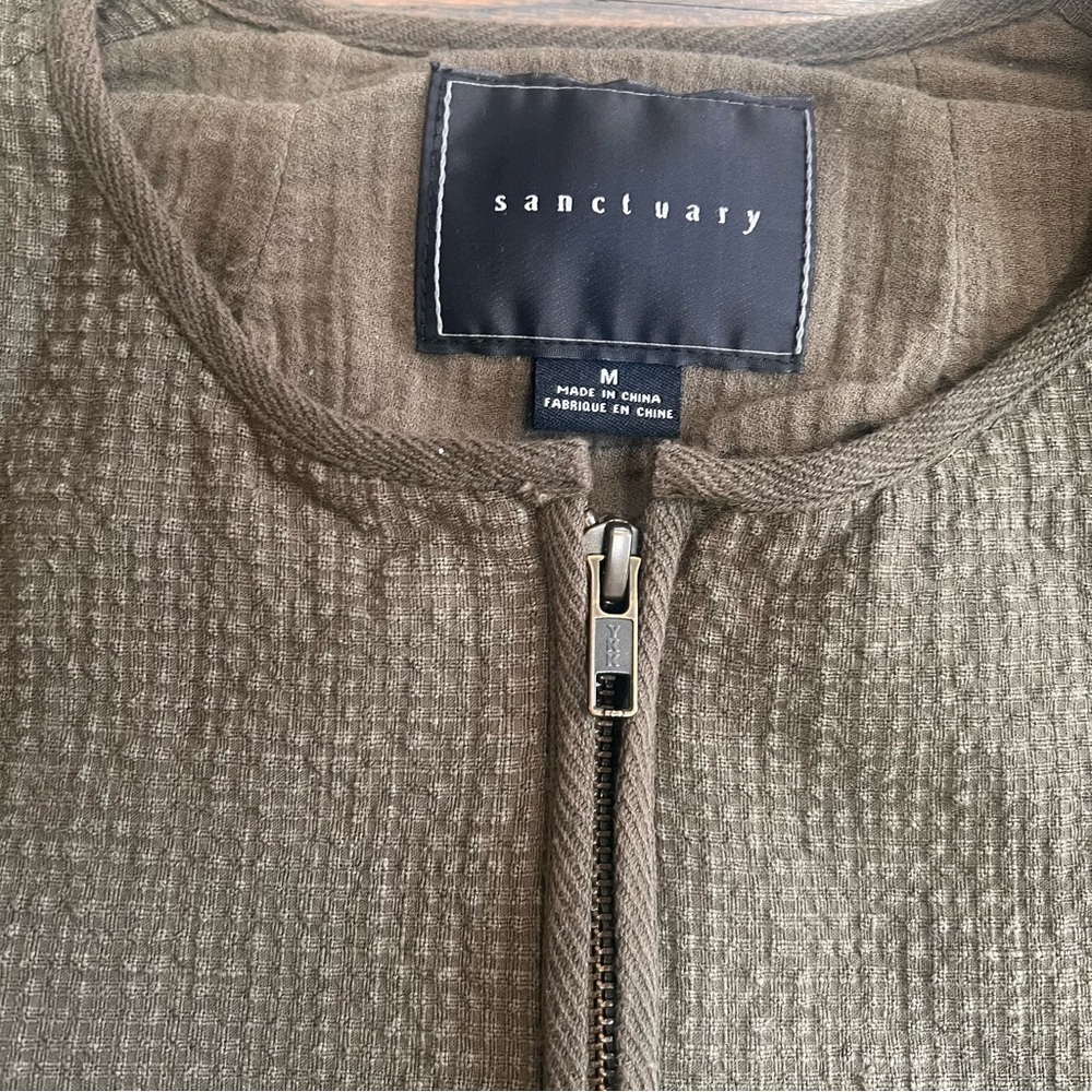 Sanctuary Utility Jacket Olive Green Full Zip Cotton Seersucker Collarless Med - Picture 2 of 7